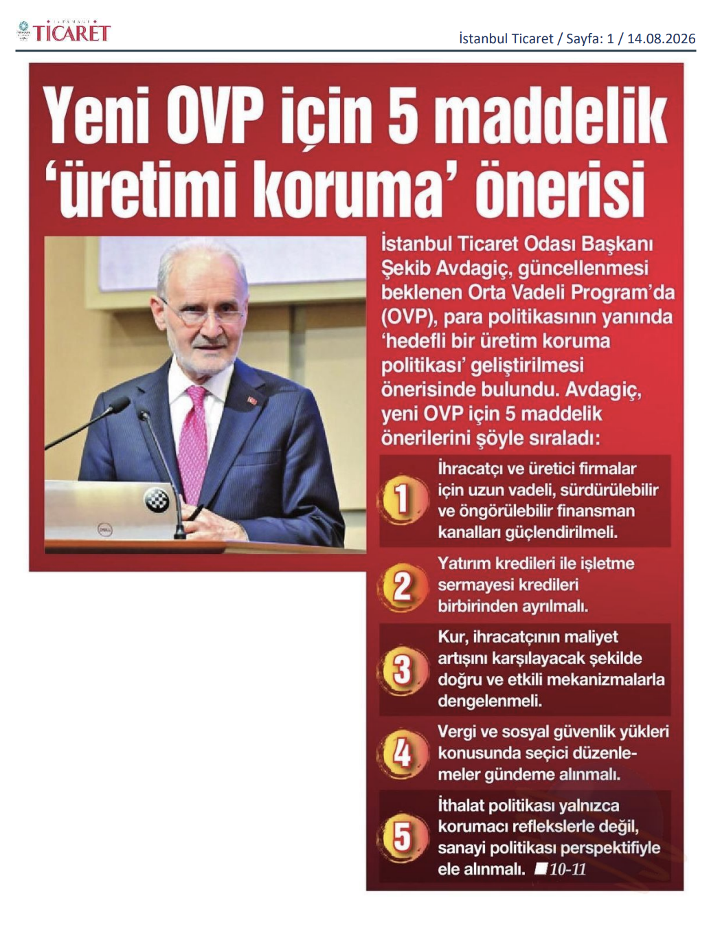 Yeni OVP için 5 maddelik üretimi koruma önerisi