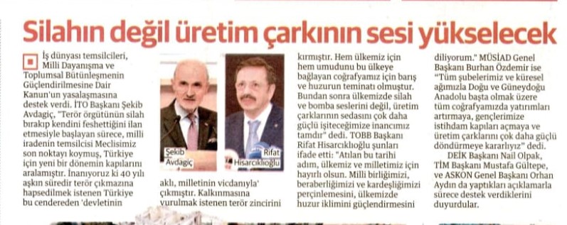 Silahın değil üretim çarkının sesi yükselecek
