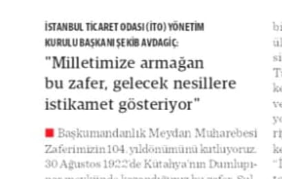 İTO Yönetim Kurulu Başkanı Şekib Avdagiç: " Milletimize armağan bu zafer, gelecek nesillere istikamet gösteriyor"